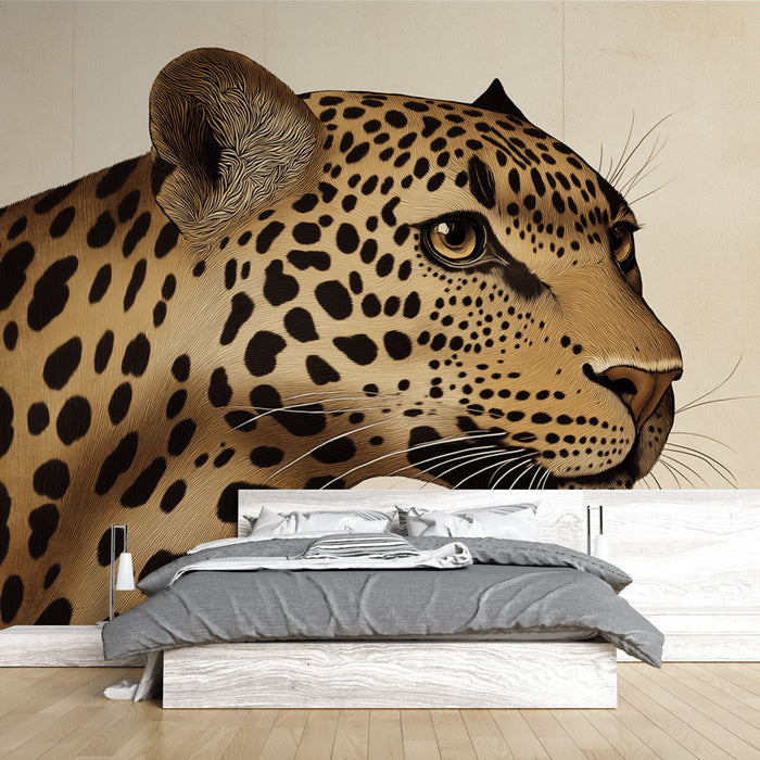 Papier peint artistique avec portrait de léopard pour chambre moderne.