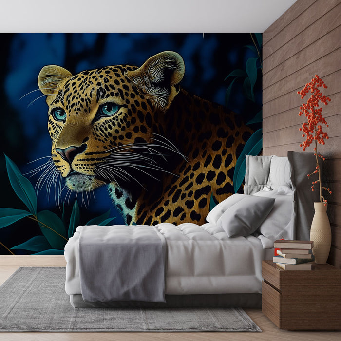 Papier peint artistique avec portrait de léopard dans la jungle pour décoration murale moderne chambre adulte