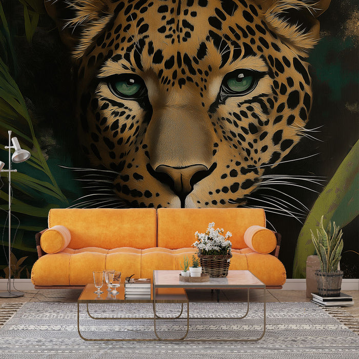 Papier peint léopard captivant avec yeux émeraude pour salon moderne et élégant
