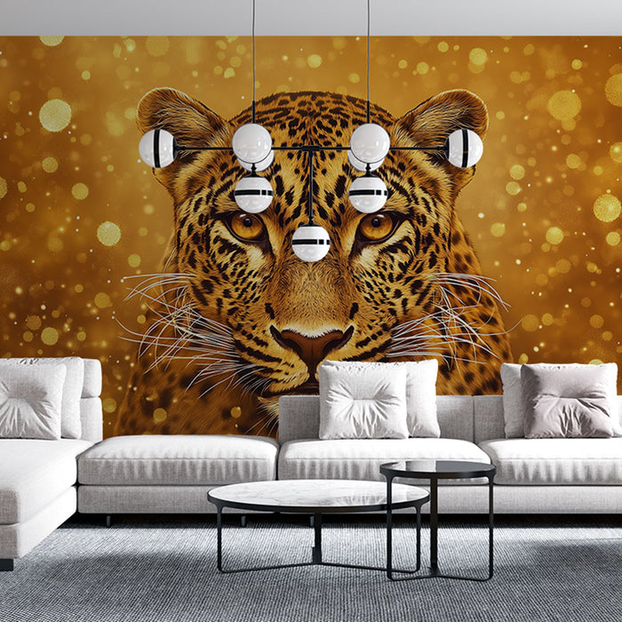 Papier peint léopard doré avec portrait majestueux pour salon moderne et élégant