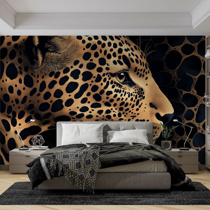 Papier peint léopard stylisé avec motifs de fourrure pour chambre moderne.