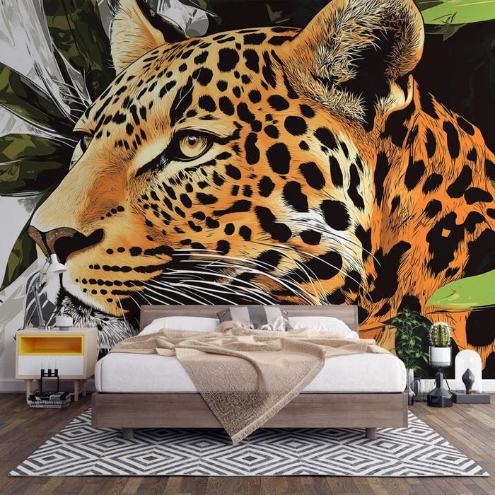 Papier peint jungle avec portrait puissant de léopard pour chambre moderne