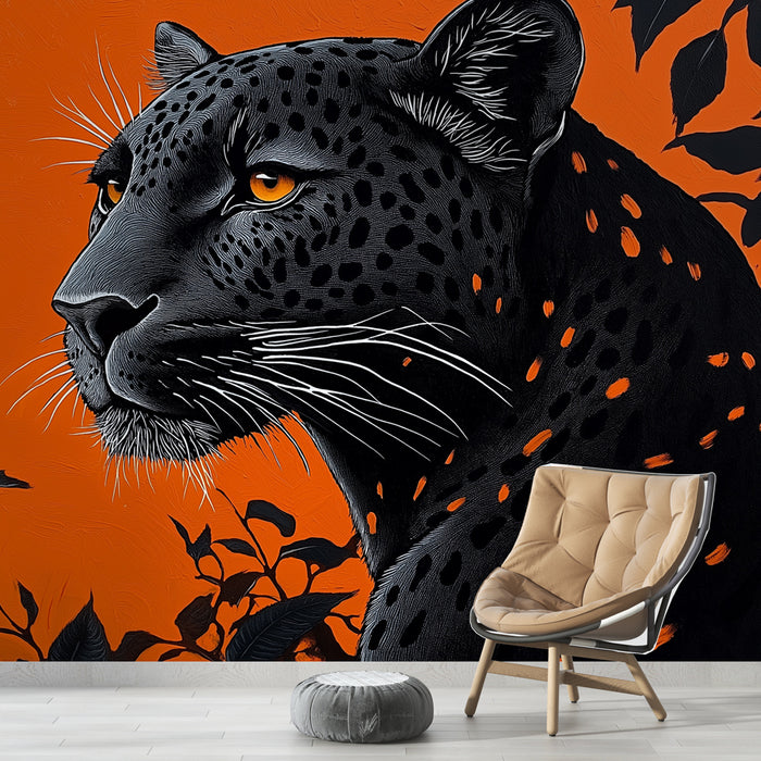 Papier peint léopard majestueux sur fond orange audacieux pour décoration murale moderne.