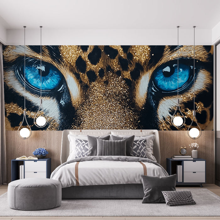 Papier peint léopard avec regard captivant et yeux bleu vif pour chambre moderne
