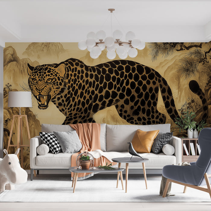 Papier peint artistique avec léopard majestueux dans un paysage stylisé pour salon moderne.