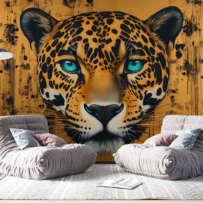 Papier peint léopard avec tête de léopard aux yeux turquoise sur fond doré pour salon moderne.
