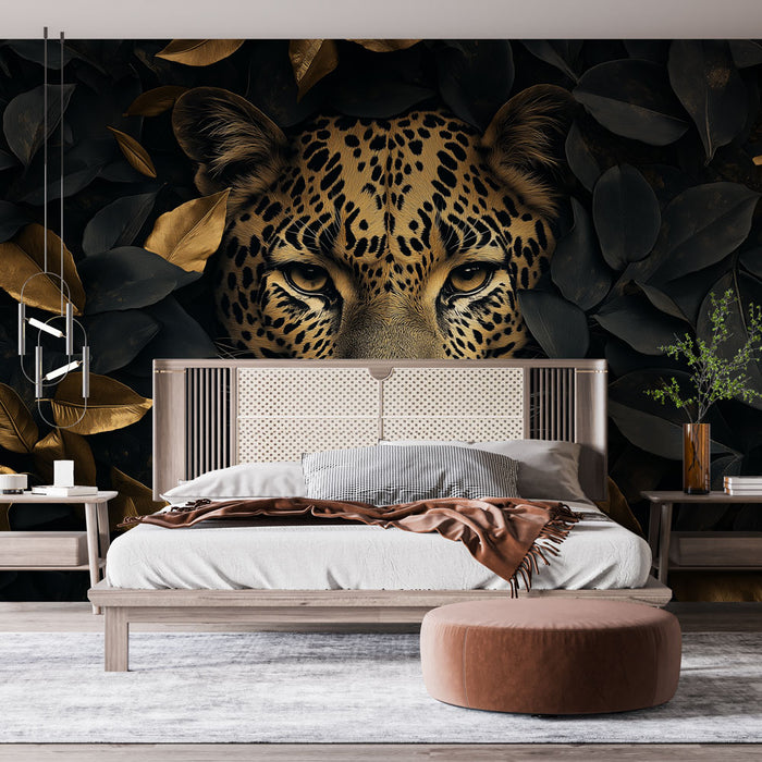 Papier peint léopard avec tête de léopard émergeant d'un feuillage noir et doré pour chambre moderne.