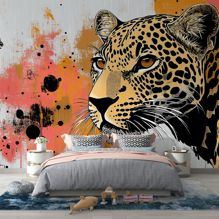 Papier peint artistique avec tête de léopard illustrée sur fond coloré pour chambre moderne.