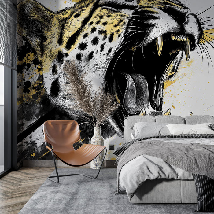 Papier peint léopard rugissant avec éclats dorés et noirs pour décoration murale moderne.