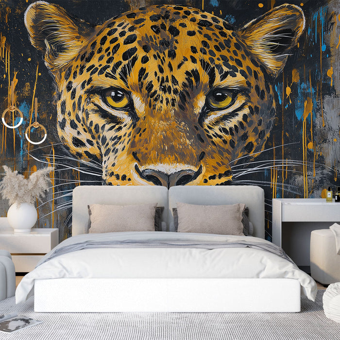 Papier peint tête de léopard stylisée avec éclaboussures colorées pour chambre moderne