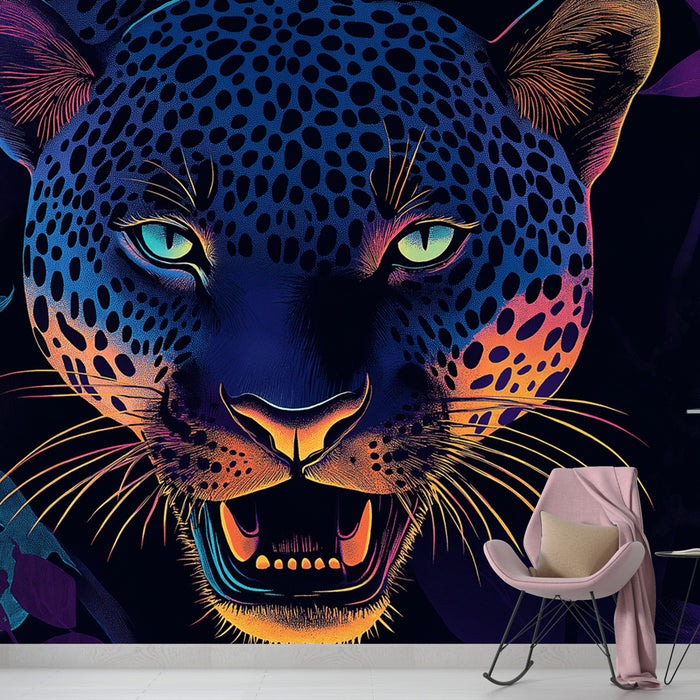 Papier peint léopard avec tête de léopard vibrante entourée de feuillage coloré pour décoration murale moderne.