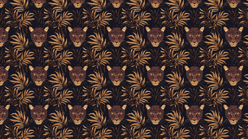 Papier peint léopard Têtes de léopard entourées de feuillage doré sur fond noir