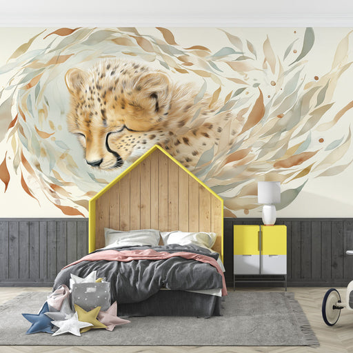 Une chambre moderne avec un papier peint illustrant un léopard délicatement entouré de feuillages aux teintes douces, créant une ambiance apaisante et artistique.