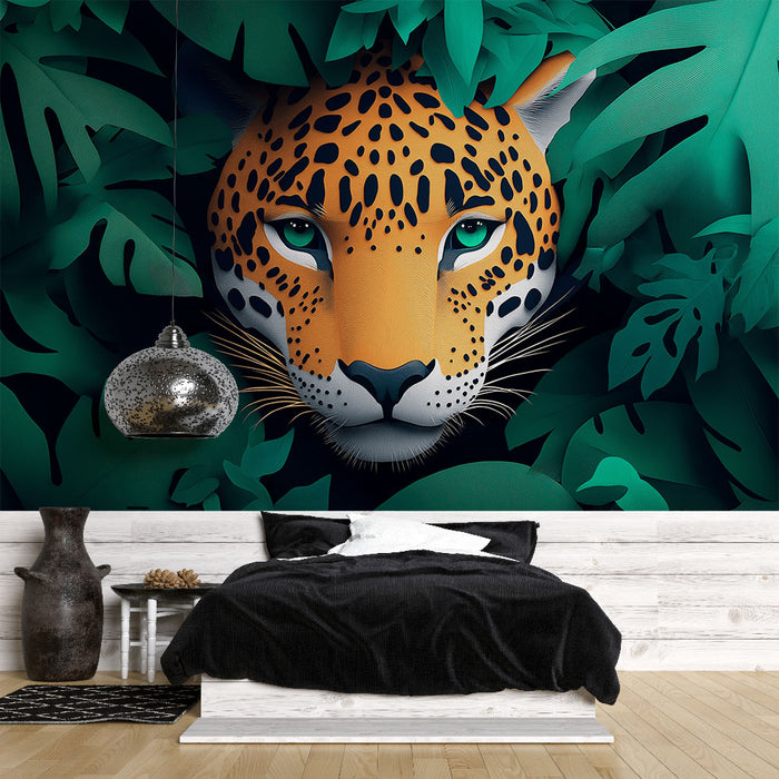 Papier peint jungle avec léopard majestueux pour décoration murale de chambre moderne