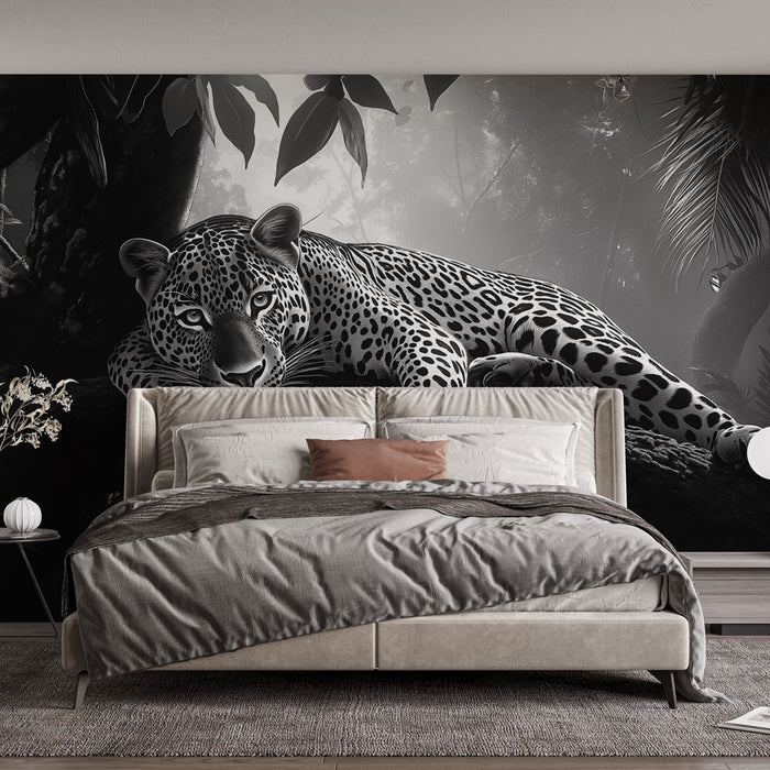 Papier peint jungle avec léopard majestueux pour chambre moderne et élégante
