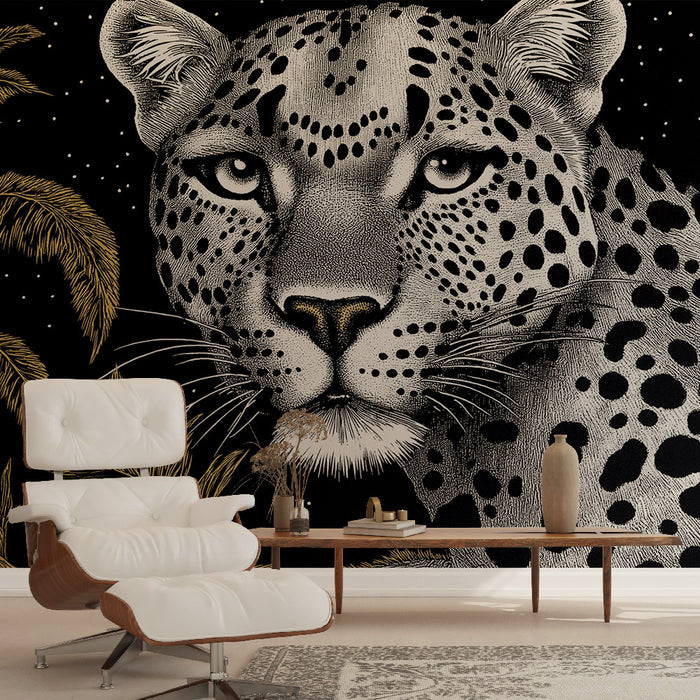 Papier peint léopard majestueux sur fond noir avec touches dorées pour salon élégant.