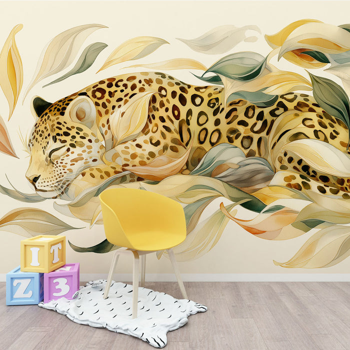Une chambre d'enfant avec un papier peint illustrant un léopard paisible entouré de feuilles aux teintes douces, créant une atmosphère chaleureuse et imaginative.