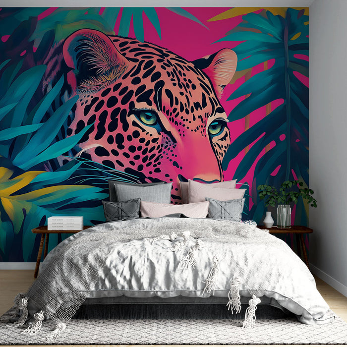Papier peint jungle tropicale avec léopard vibrant pour chambre moderne