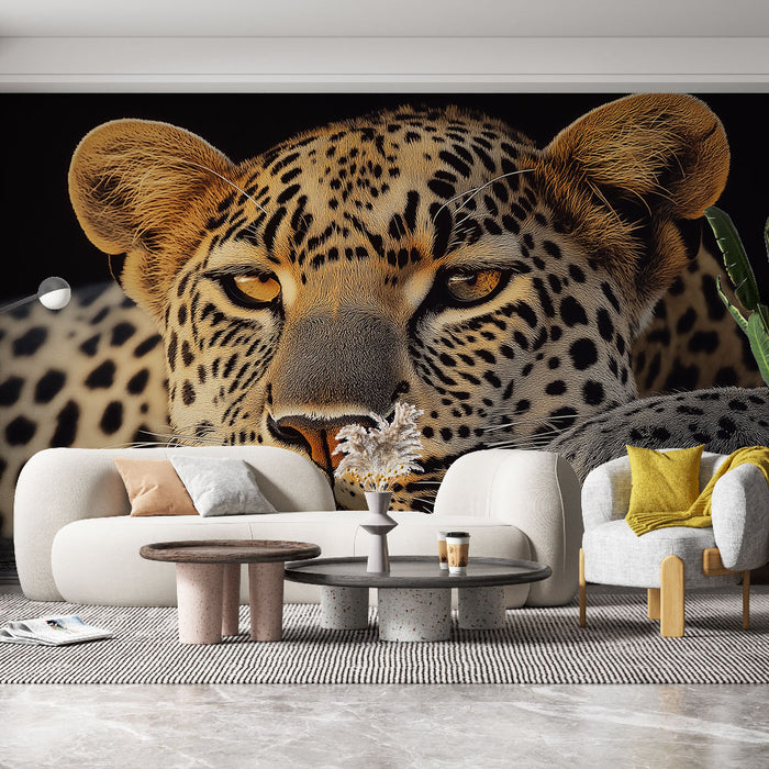 Papier peint mural avec visage majestueux de léopard pour salon moderne et élégant