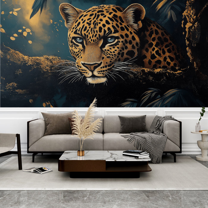 Papier peint jungle avec visage réaliste de léopard pour salon moderne