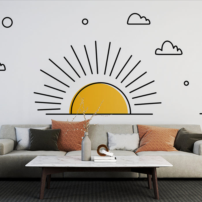 Un salon moderne avec un papier peint graphique représentant un soleil jaune stylisé et des nuages, créant une ambiance joyeuse et lumineuse.