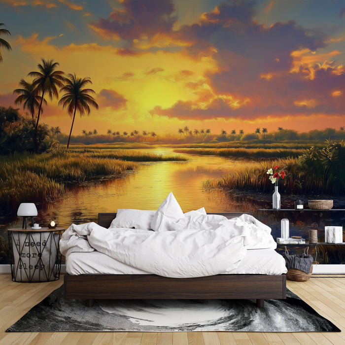 Une chambre apaisante avec un papier peint représentant un paysage tropical au coucher de soleil, mêlant des teintes dorées et orangées, évoquant une atmosphère sereine et naturelle.