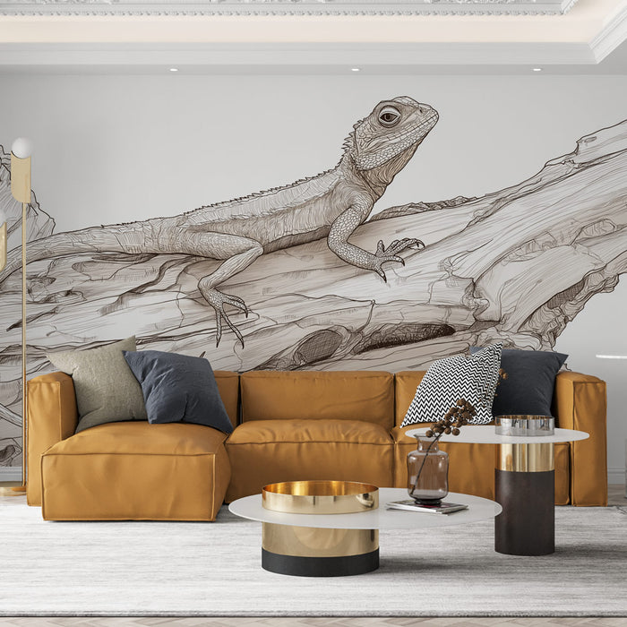 Un salon moderne avec un papier peint illustrant un lézard stylisé sur un fond clair, créant une ambiance artistique et naturelle.