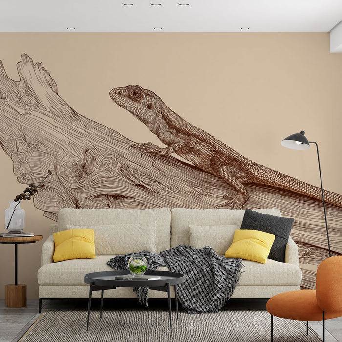 Un salon contemporain avec un papier peint illustrant un lézard stylisé sur une branche, créant une atmosphère naturelle et artistique.
