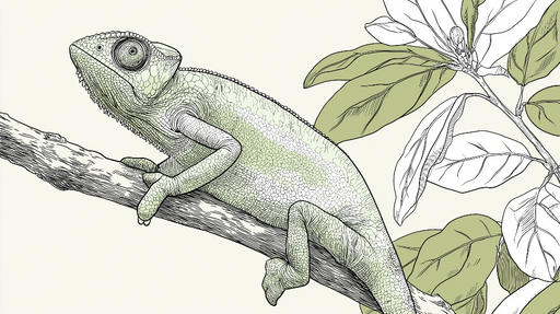 Papier peint lézard Un lézard délicatement dessiné sur une branche entouré de feuilles élégantes