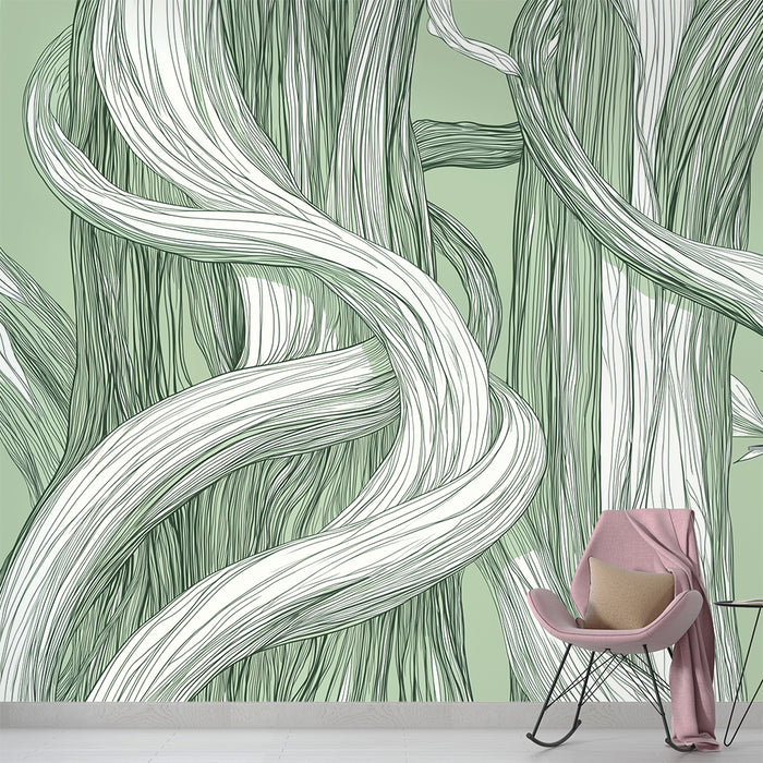 Papier peint lianes | Un motif de lianes graphiques sur fond vert doux