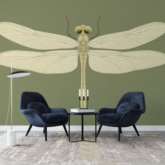 Un salon contemporain avec un papier peint représentant une libellule stylisée en ligne claire sur un fond vert olive, créant une ambiance artistique et apaisante.