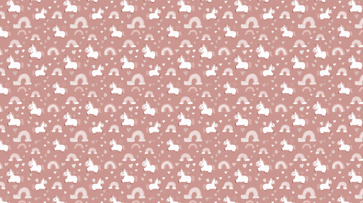 Papier peint licornes Motif ludique de licornes blanches et arcs-en-ciel sur fond rose