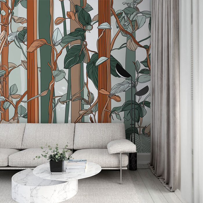 Un salon contemporain avec un papier peint illustrant des motifs de feuillage et de troncs d'arbres dans des teintes naturelles, créant une atmosphère apaisante et chaleureuse.