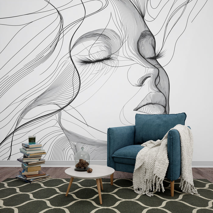 Papier peint artistique minimaliste avec silhouette de visage en lignes pour salon moderne