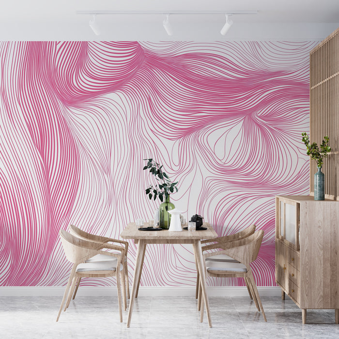 Papier peint lignes rose | Fluidité élégante sur fond blanc