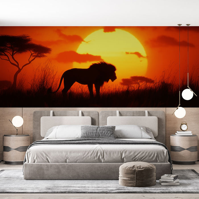 Papier peint lion au coucher de soleil | Silhouette majestueuse sous un ciel vibrant