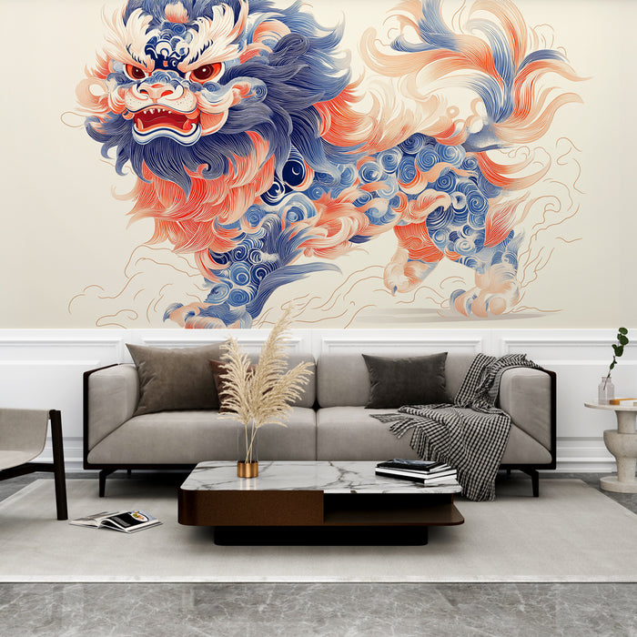 Papier peint lion chinois | Orange et indigo