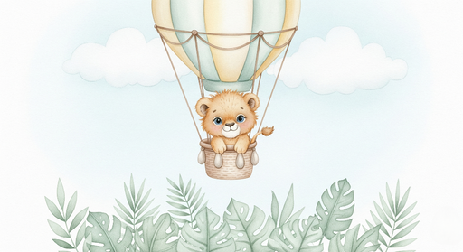 Papier peint lion dans un ballon Un adorable lionceau flottant dans un ciel doux