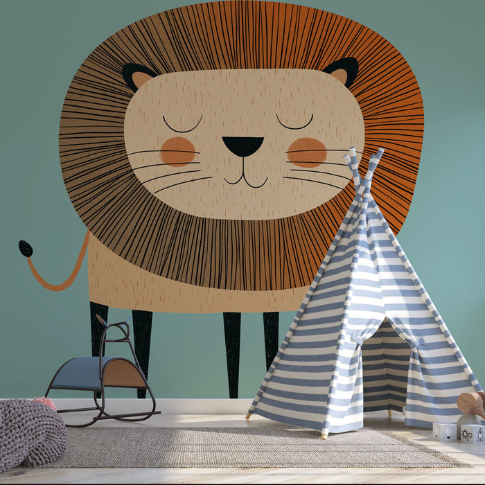 Une chambre d'enfant avec un papier peint illustrant un lion stylisé aux couleurs douces, créant une ambiance ludique et chaleureuse.