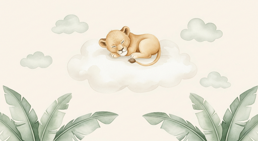 Papier peint lion endormi Tendre lionceau repose sur un nuage moelleux entouré de feuilles tropicales