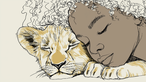 Papier peint lion et enfant Lionceau endormi à côté d'un enfant paisible