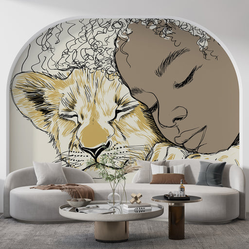 Une pièce moderne avec un papier peint artistique représentant un lion et un enfant aux traits délicats, créant une atmosphère chaleureuse et réconfortante.