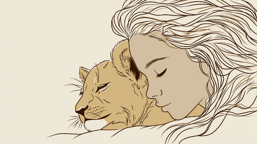 Papier peint lion et femme Illustration tendre d'une femme et d'un lion
