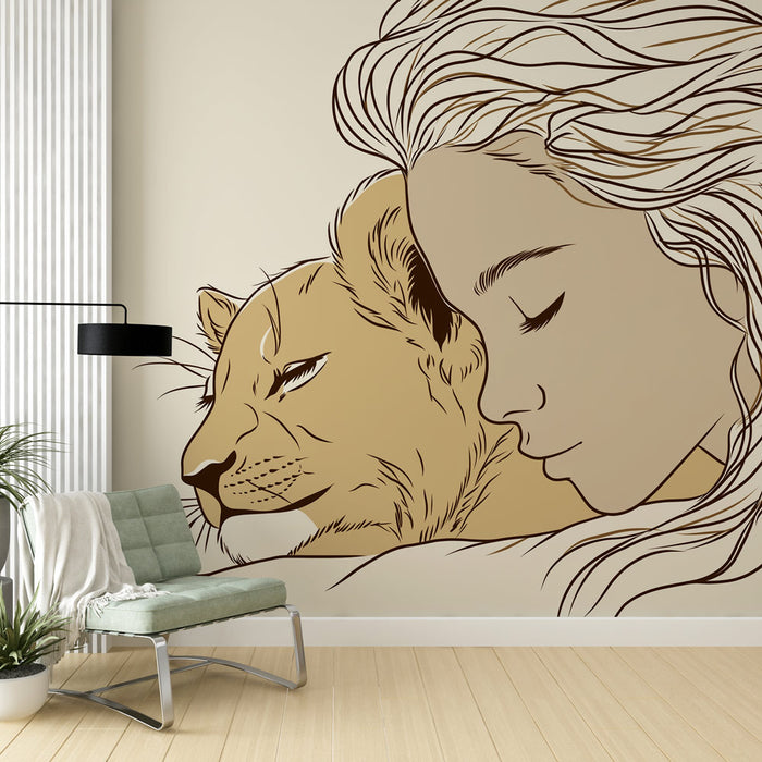 Une chambre moderne avec un papier peint illustratif représentant une femme et un lion dans des teintes beige et dorée, évoquant une atmosphère douce et harmonieuse.