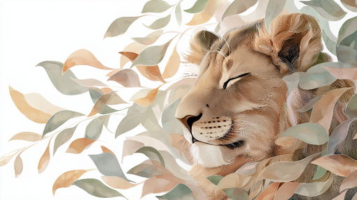 Papier peint lion et feuillage Un visage de lion stylisé entouré de feuilles délicates