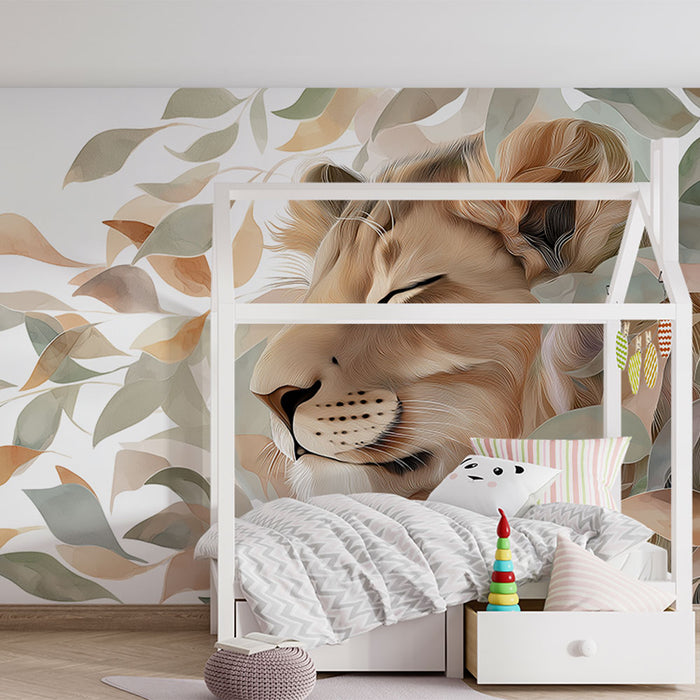 Une chambre d'enfant avec un papier peint illustrant un lion paisible entouré de feuilles aux teintes douces, créant une ambiance chaleureuse et apaisante.
