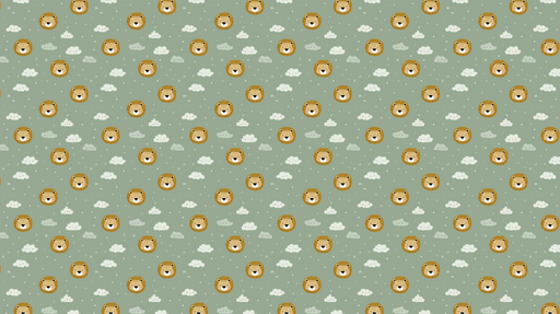 Papier peint lion et nuages Éléments ludiques de lions souriants sur fond vert