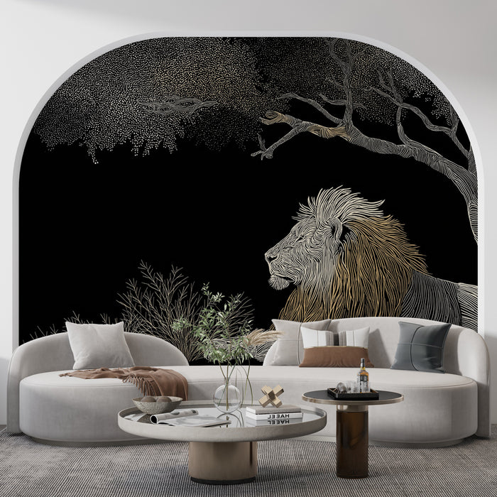 Un salon moderne avec un papier peint représentant un lion stylisé en lignes dorées sur fond noir, créant une ambiance sauvage et élégante.