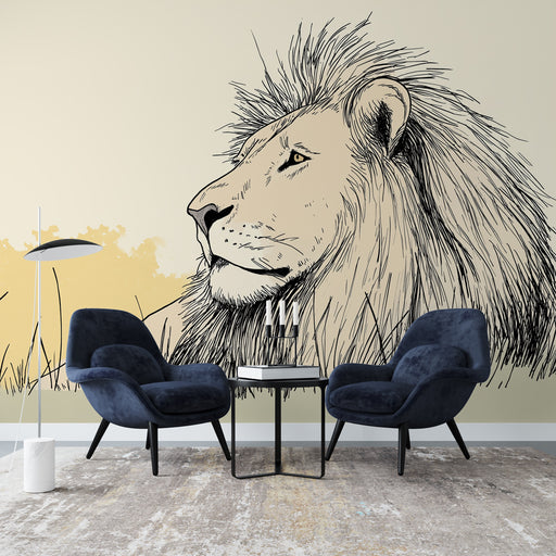 Une pièce moderne avec un papier peint illustrant un lion majestueux en noir sur fond beige, créant une ambiance audacieuse et artistique.