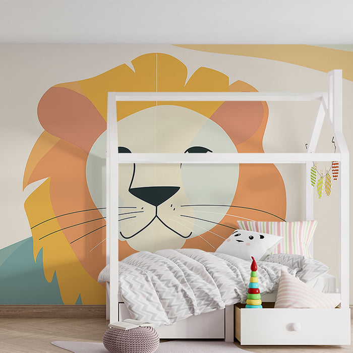 Une chambre d'enfant avec un papier peint illustrant un lion stylisé aux couleurs douces et chaudes, créant une atmosphère ludique et accueillante.